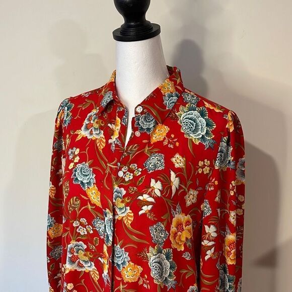 Loft Women's Button Down Blouse Long Sleeve Floral Collared Top Red‎ Size XS - Picture 7 of 9